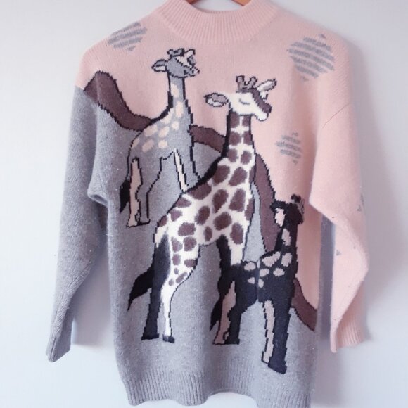 Vintage 80s 90s Lambswool Angora Giraffe Print Sweater M - Picture 2 of 6